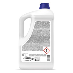 Retro di una bottiglia da 5L di detergente t.b.t. con tappo blu.