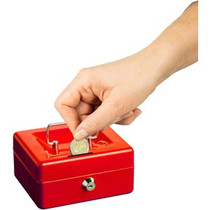Salvadanaio rosso Burg-Wächter Money 5012 con mano che inserisce una moneta.