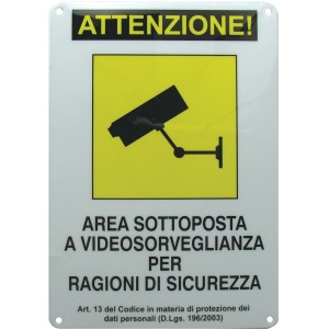 Cartello videosorveglianza: Simbolo telecamera, sfondo giallo, avviso.