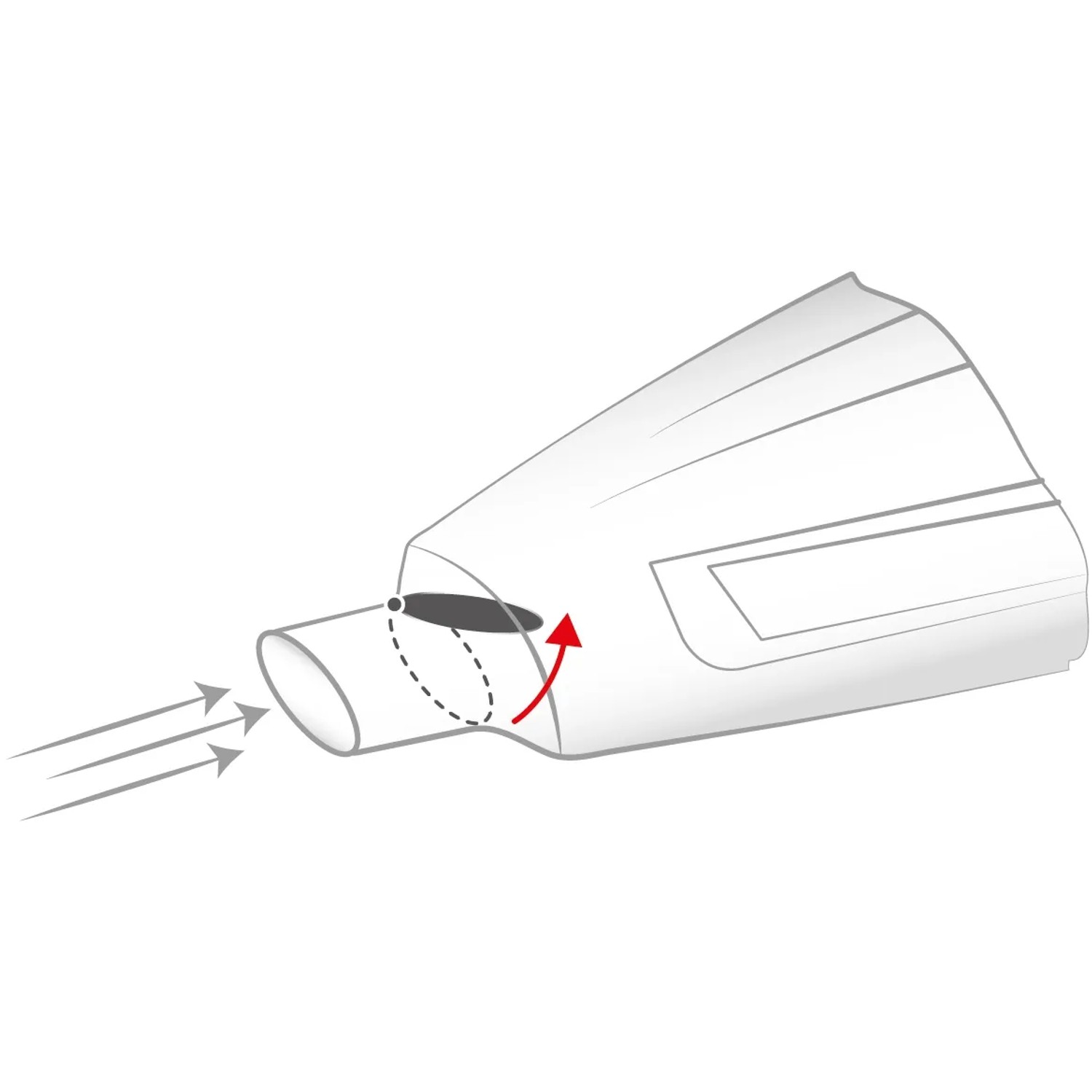 Illustrazione di un aspirapolvere portatile a batteria Einhell con funzione di aspirazione e freccia rossa.