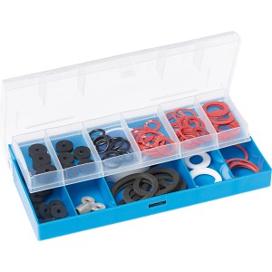Assortimento guarnizioni LUX, 84 pezzi, in scatola di plastica blu con vari anelli di tenuta e chiave per termosifoni.
