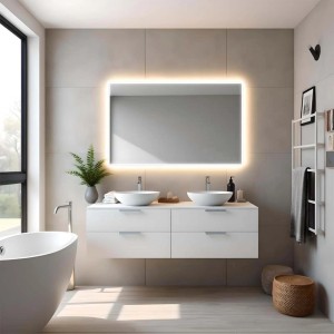 Bagno con specchio da parete t.b.t. illuminato sopra mobile bagno bianco con due lavabi d'appoggio.