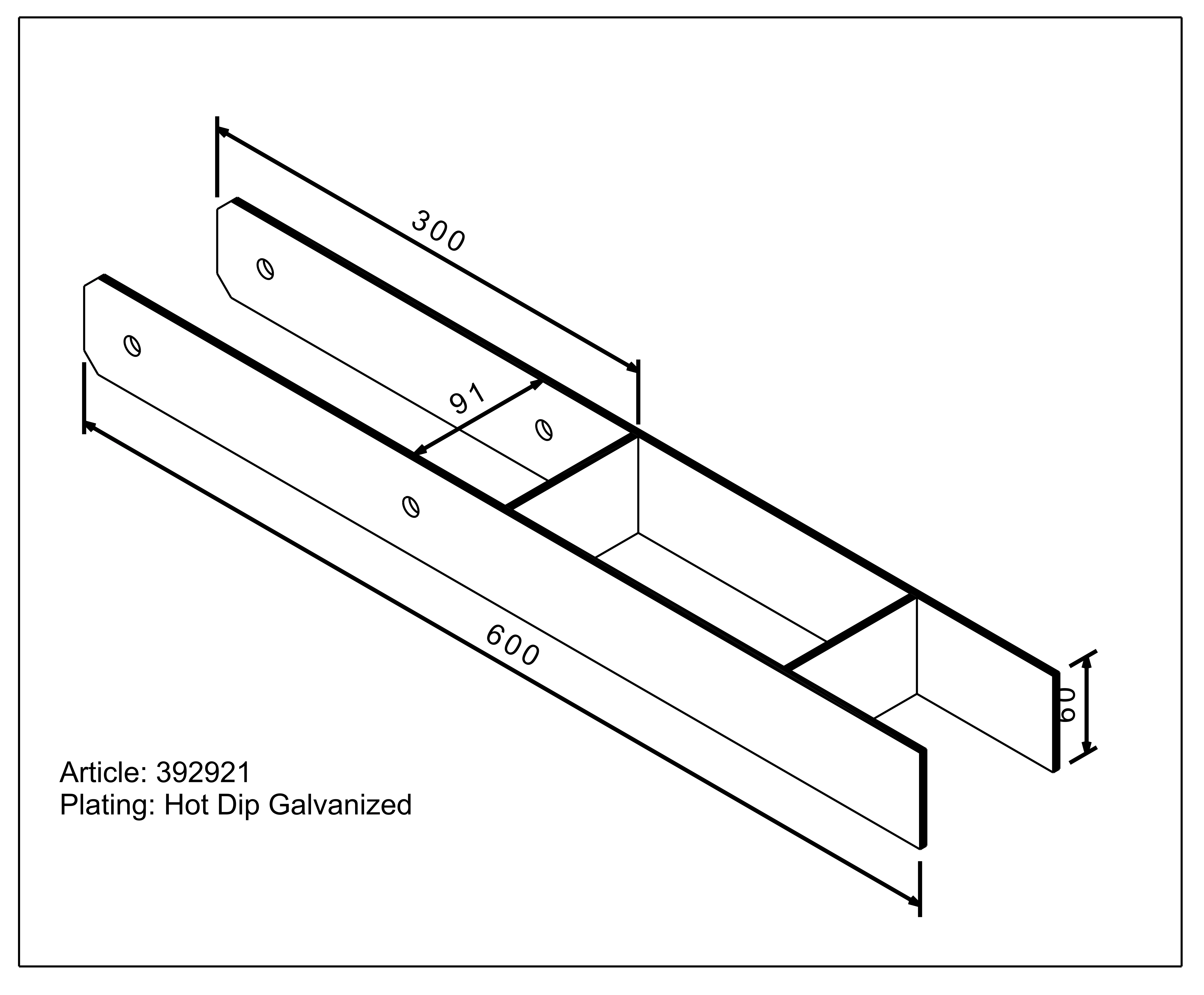 Supporto per palo ad H zincato a caldo 600x91x60 mm