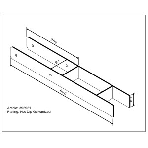 Ancoraggio a H per pali, zincato a caldo, 600x91x60 mm, da cementare, per una tenuta sicura di legni squadrati.