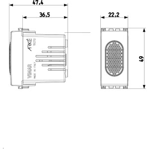 Disegno tecnico di una placca/copertura t.b.t. per interruttori e prese con dimensioni.