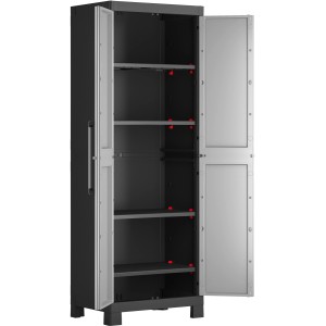 Armadio in plastica Keter Detroit aperto, grigio chiaro, con 4 ripiani. Ideale per garage e cantina.
