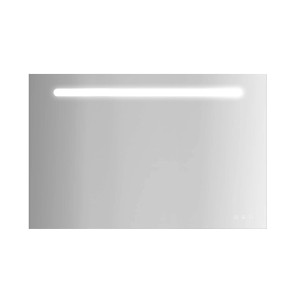 Specchio rettangolare con illuminazione a LED nella parte superiore e sensore touch in basso a destra.