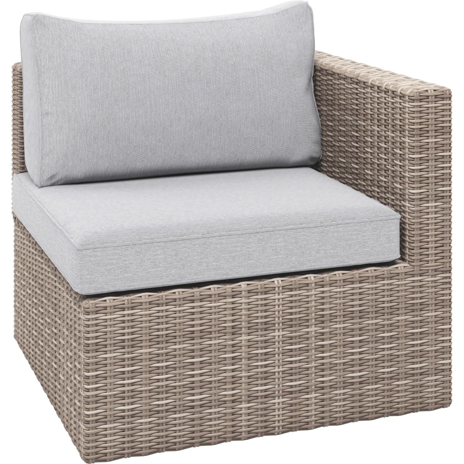 Poltrona angolare in polyrattan, parte del set lounge Olea Compact da 3 pezzi per balcone/terrazzo, cuscini grigi inclusi.