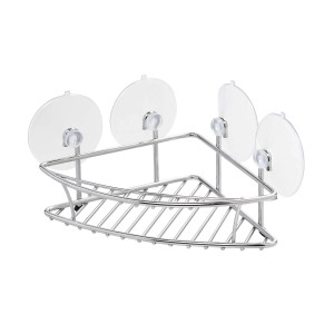 Mensola angolare con ventose per montaggio a parete, ideale per accessori bagno e contenitori.