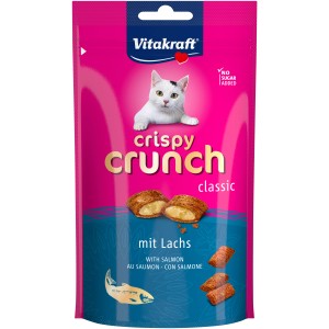 Vitakraft Crispy Crunch Salmone, 60g snack per gatti in sacchetto rosa con immagine.