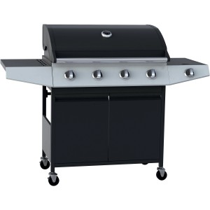 Barbecue a gas t.b.t. nero con quattro bruciatori e mobiletto.