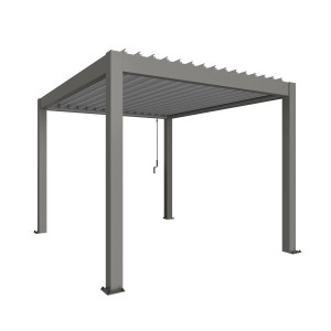 Pergola Biohort in grigio quarzo/argento metallizzato, una moderna copertura per patio con lamelle e drenaggio pioggia integrato.