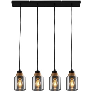 Lampada a sospensione t.b.t. con quattro paralumi in vetro e sospensione nera.