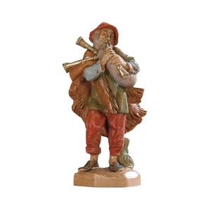Statuina presepe: Uomo con zampogna, dettagliato e dipinto a mano.