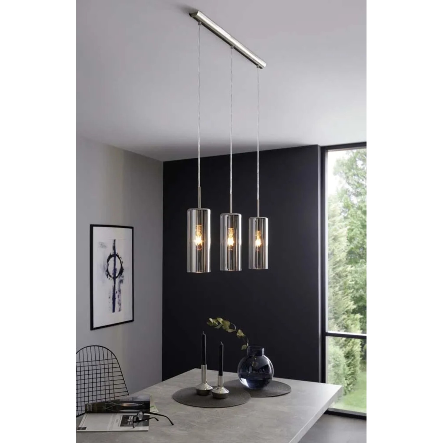 Lampadario a sospensione Eglo Selvino 3 luci L71x10xH110 cm acciaio vetro nero_2