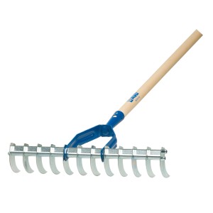 Rastrello per foglie con manico in legno e denti in metallo per giardinaggio.