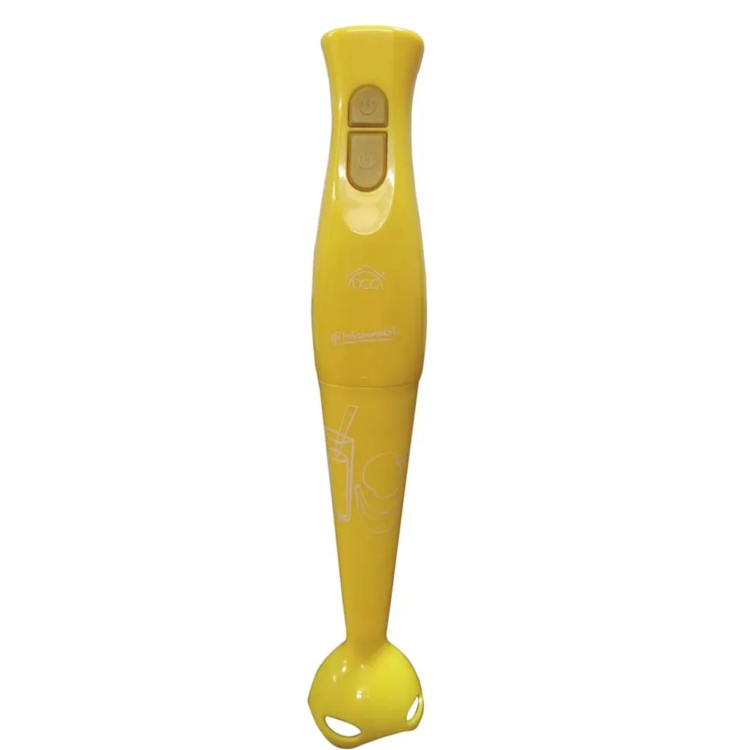 Frullatore a immersione giallo per la cucina. Utensile da cucina compatto per frullare rapidamente.