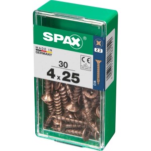 Viti per legno SPAX 4x25 mm in contenitore di plastica verde.