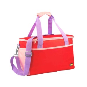 Borsa termica t.b.t. rossa e viola per campeggio e tempo libero.