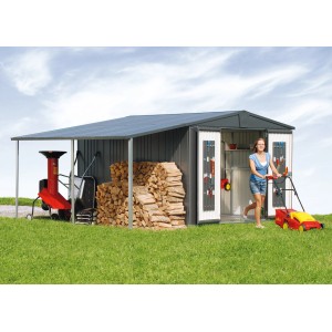 Tetto laterale Biohort grigio quarzo metallizzato su casetta da giardino Europa con legna, trituratore e tosaerba.