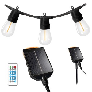 Catena luminosa solare con lampadine chiare, pannello solare e telecomando.