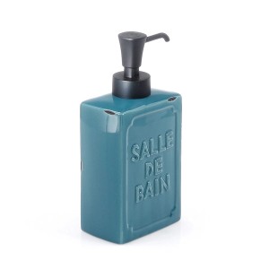 Dispenser sapone blu con erogatore nero e scritta "Salle de Bain".