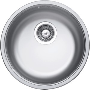 Lavello rotondo in acciaio inox con superficie lucida e piletta.