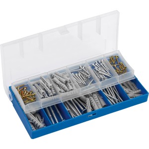 Set di viti e tasselli LUX da 180 pezzi in valigetta blu con coperchio trasparente.