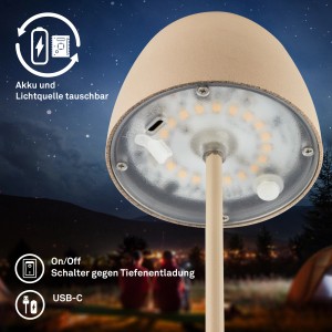 Brilo LED lampada da tavolo a batteria Serina Mini, beige, 20cm. Lampada decorativa da esterno con batteria sostituibile e porta USB-C.