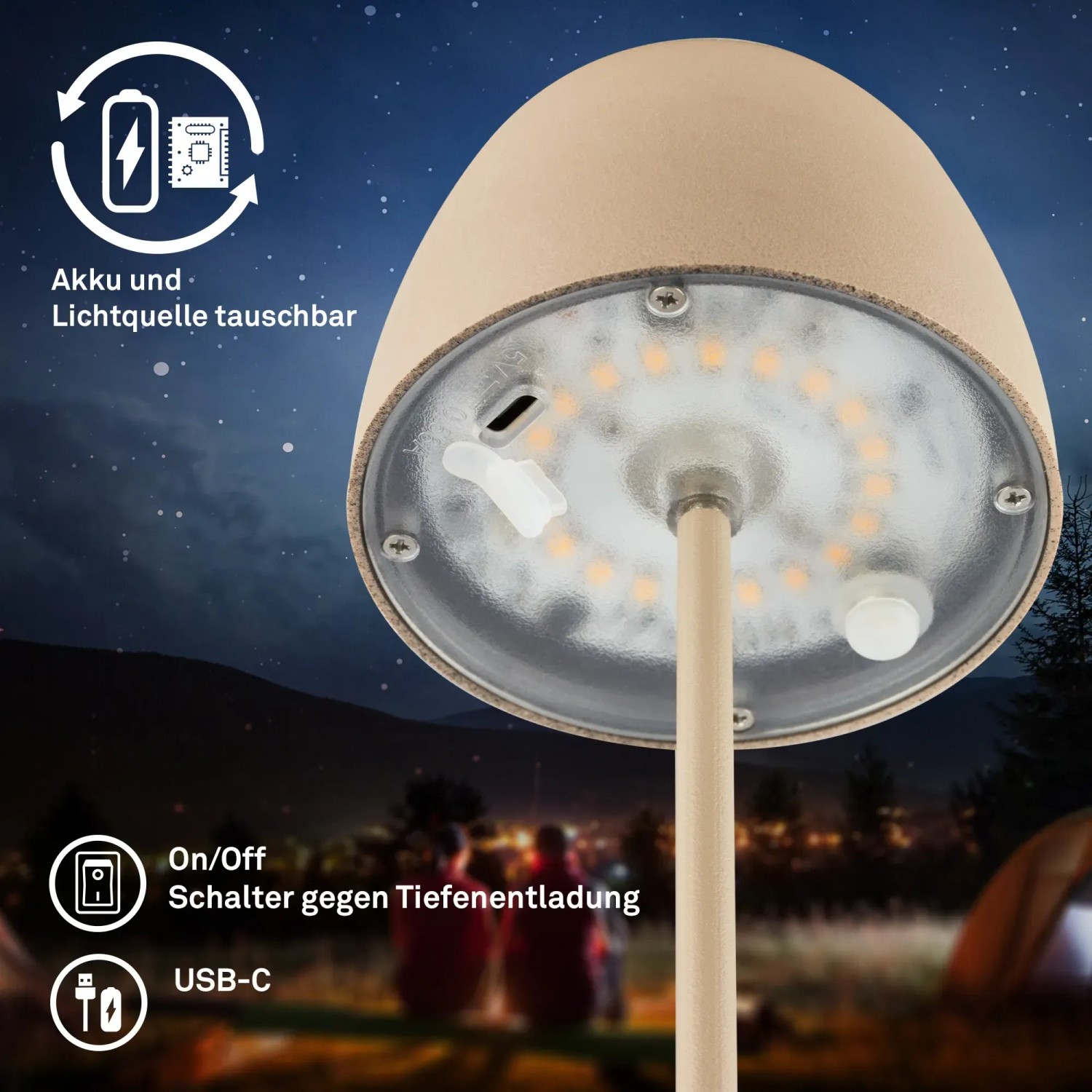 Brilo LED lampada da tavolo a batteria Serina Mini, beige, 20cm. Lampada decorativa da esterno con batteria sostituibile e porta USB-C.
