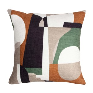 Fodera per cuscino decorativa con motivo astratto nei toni del marrone, verde e beige.
