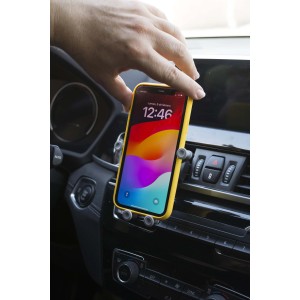 t.b.t. Supporto per cellulare auto su bocchetta aria con smartphone giallo.
