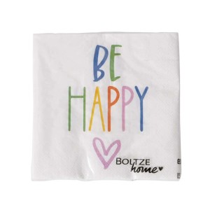 Tovagliolo di carta bianco con la scritta "Be Happy" in lettere colorate e un cuore.