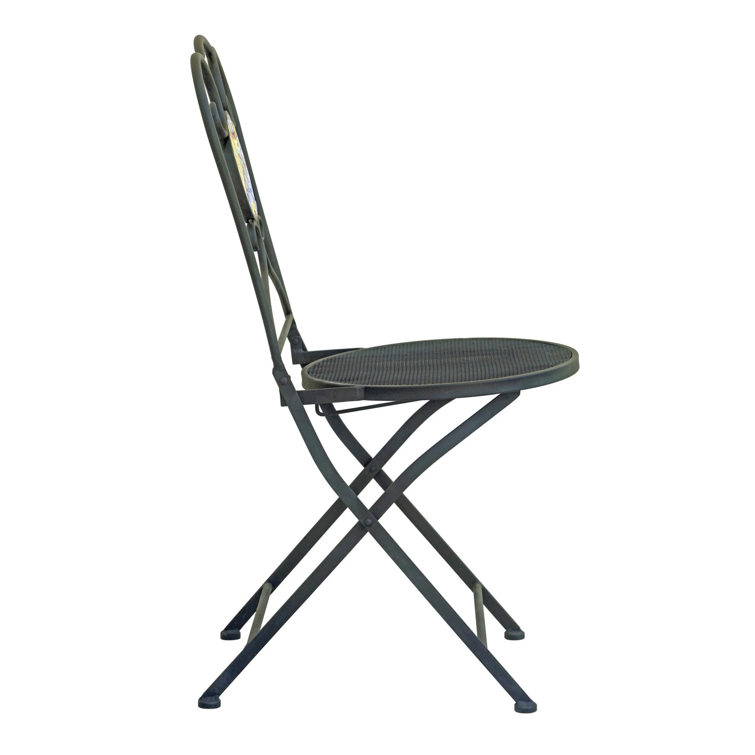 Sedia da giardino t.b.t., vista laterale. Sedia pieghevole in metallo per esterni.