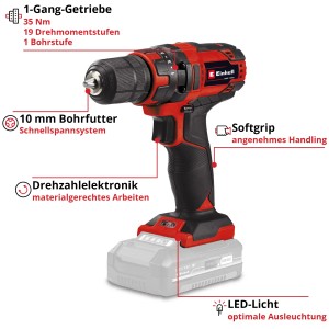 Avvitatore a batteria Einhell Power X-Change TC-CD 18/35 Li Solo (senza batteria). Trapano avvitatore rosso con mandrino.