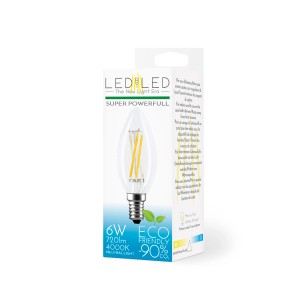 Lampadina LED E14 a candela, 6W, 4000K, luce bianca neutra, nella confezione.