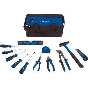 Set di utensili LUX Classic, 13 pezzi, con borsa, martello, cacciaviti, pinze, livella e metro a nastro.