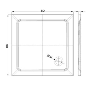 Disegno tecnico di un piatto doccia quadrato t.b.t. con dimensioni.