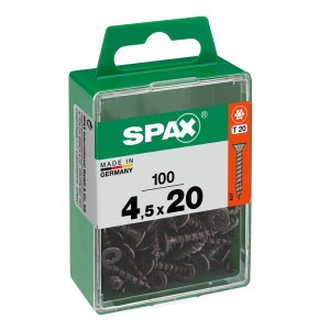 Viti SPAX 4,5x20 mm, 100 pezzi in contenitore di plastica verde. Elementi di fissaggio universali.