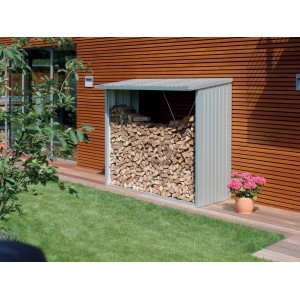 Biohort WoodStock 150, argento metallizzato, pieno di legna. Legnaia per il giardino.