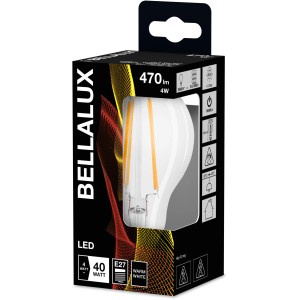 Lampadina LED Bellalux E27, 4W, forma a filamento nella confezione del prodotto.