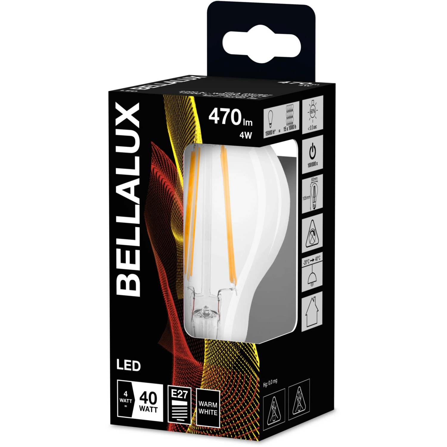 Lampadina LED Bellalux E27, 4W, forma a filamento nella confezione del prodotto.