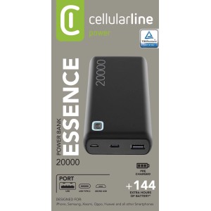 Power bank Cellularline Essence nera con 20000 mAh per smartphone.