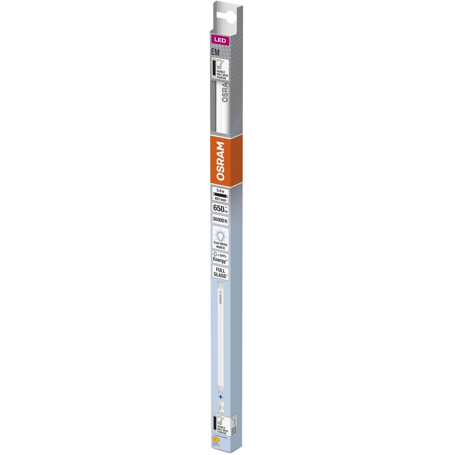 Tubo fluorescente LED Osram G13, 5,4W, bianco freddo nella confezione originale.