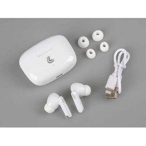 Cuffie t.b.t. bianche con custodia di ricarica, auricolari e cavo USB.