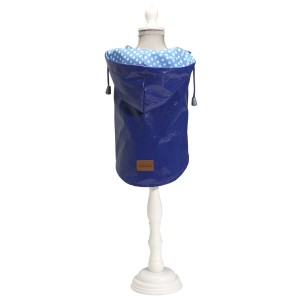 Cappotto blu per cani t.b.t. con cappuccio e fodera a pois. Abbigliamento per cani per la pioggia.