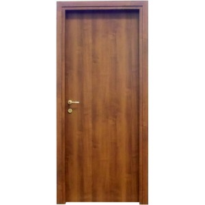Porta interna marrone con maniglia. Anta effetto legno, telaio abbinato.