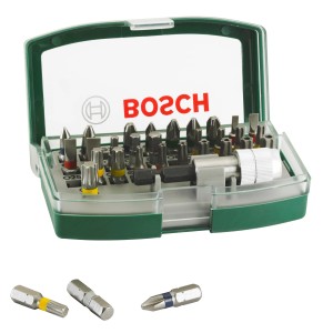 Set di punte Bosch, 32 pezzi, con inserti per cacciavite colorati e portainserti universale magnetico.