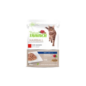 Natural Trainer Hairball cibo umido per gatti con manzo, busta da 85g.