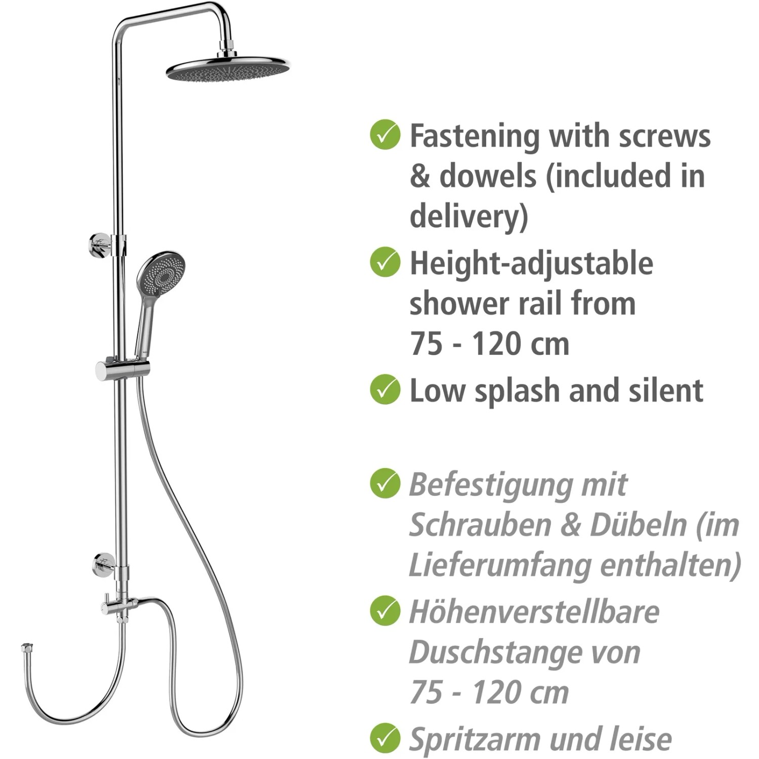 Sistema doccia Wenko Watersaving Chrome con soffione e doccetta, regolabile in altezza.
